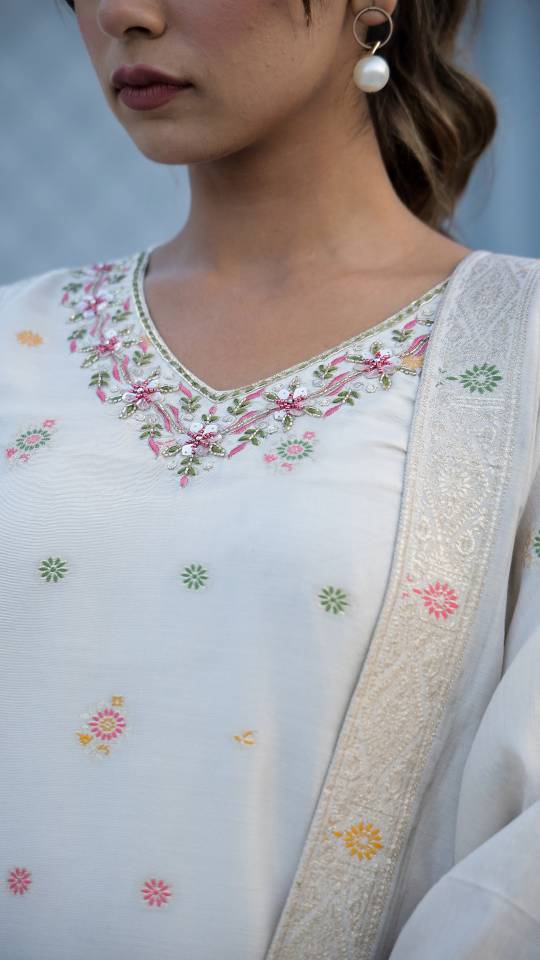 Label Flavia Cotton Jacquard Kurta Pant Dupatta Set for Women – Intricate Ada Work