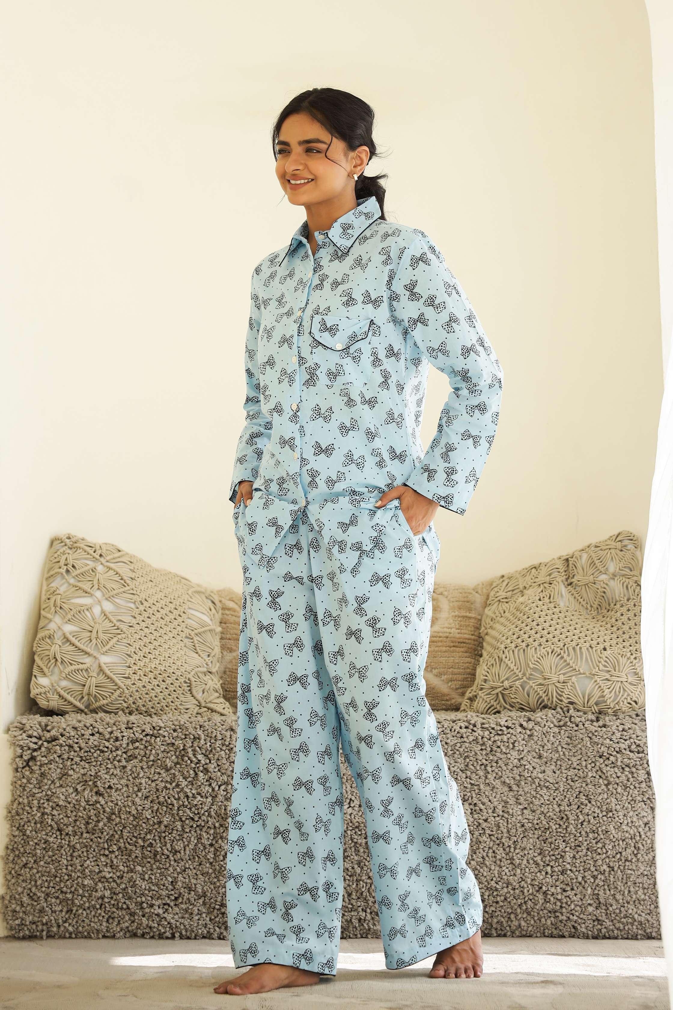 Label Flavia Cozy Butterfly Print Cotton Night Suit