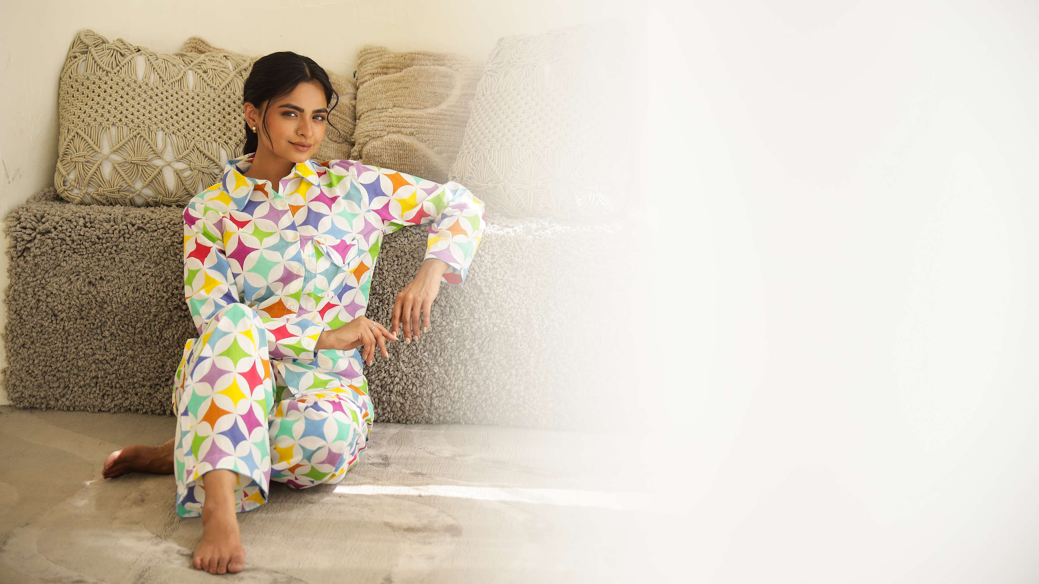 Label Flavia Rainbow Geometry Print Cotton Night Suit