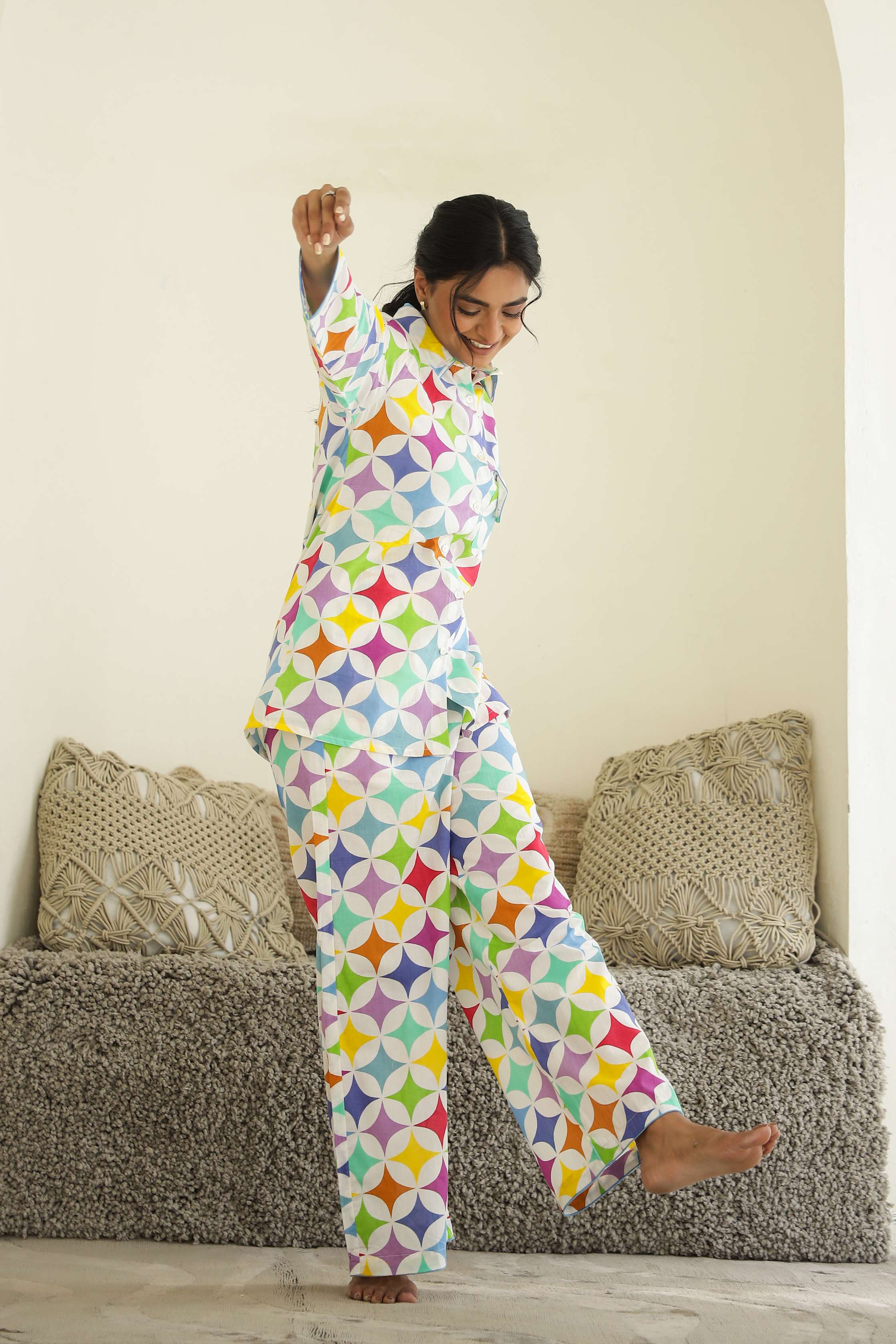 Label Flavia Rainbow Geometry Print Cotton Night Suit