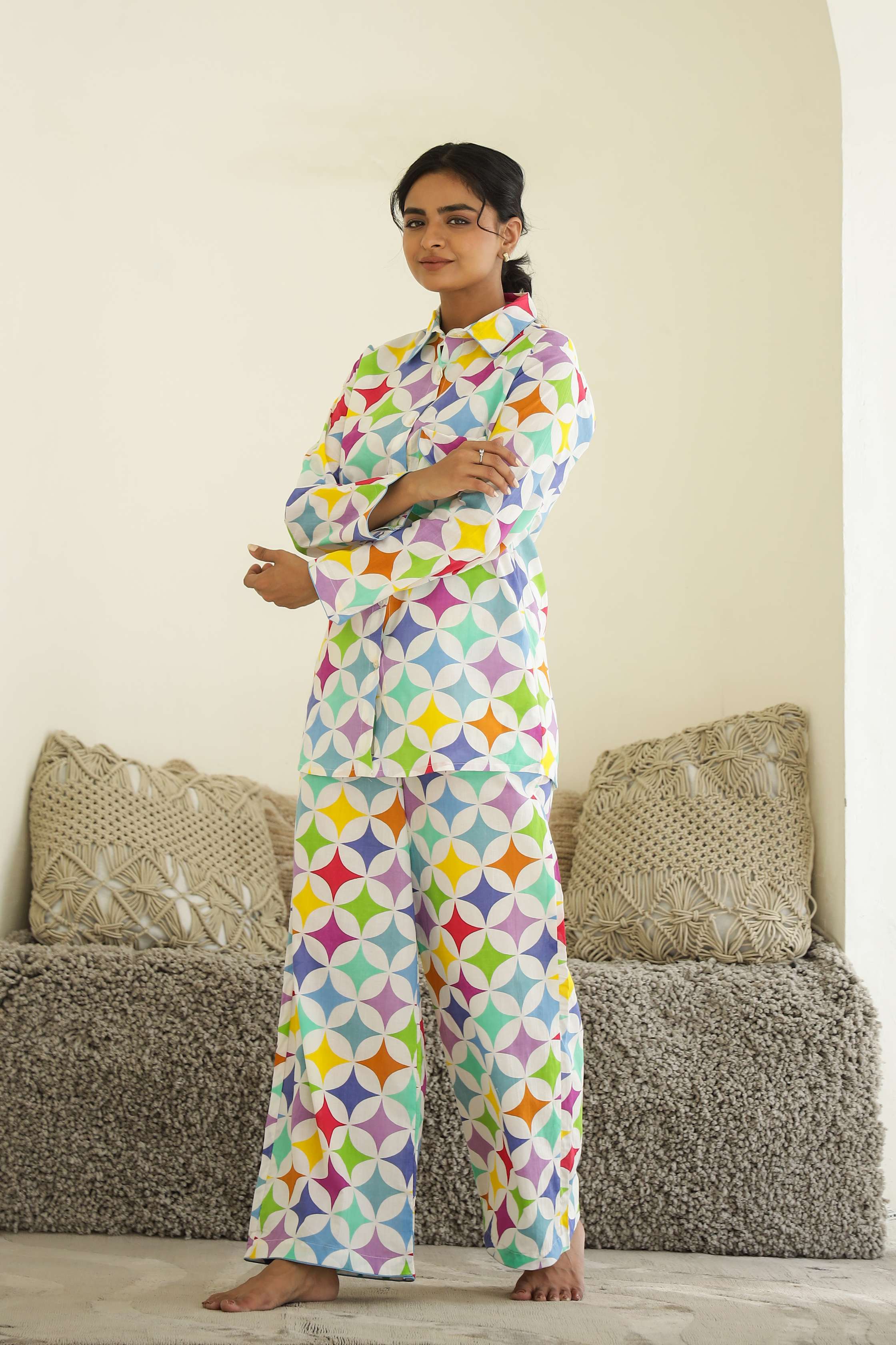 Label Flavia Rainbow Geometry Print Cotton Night Suit