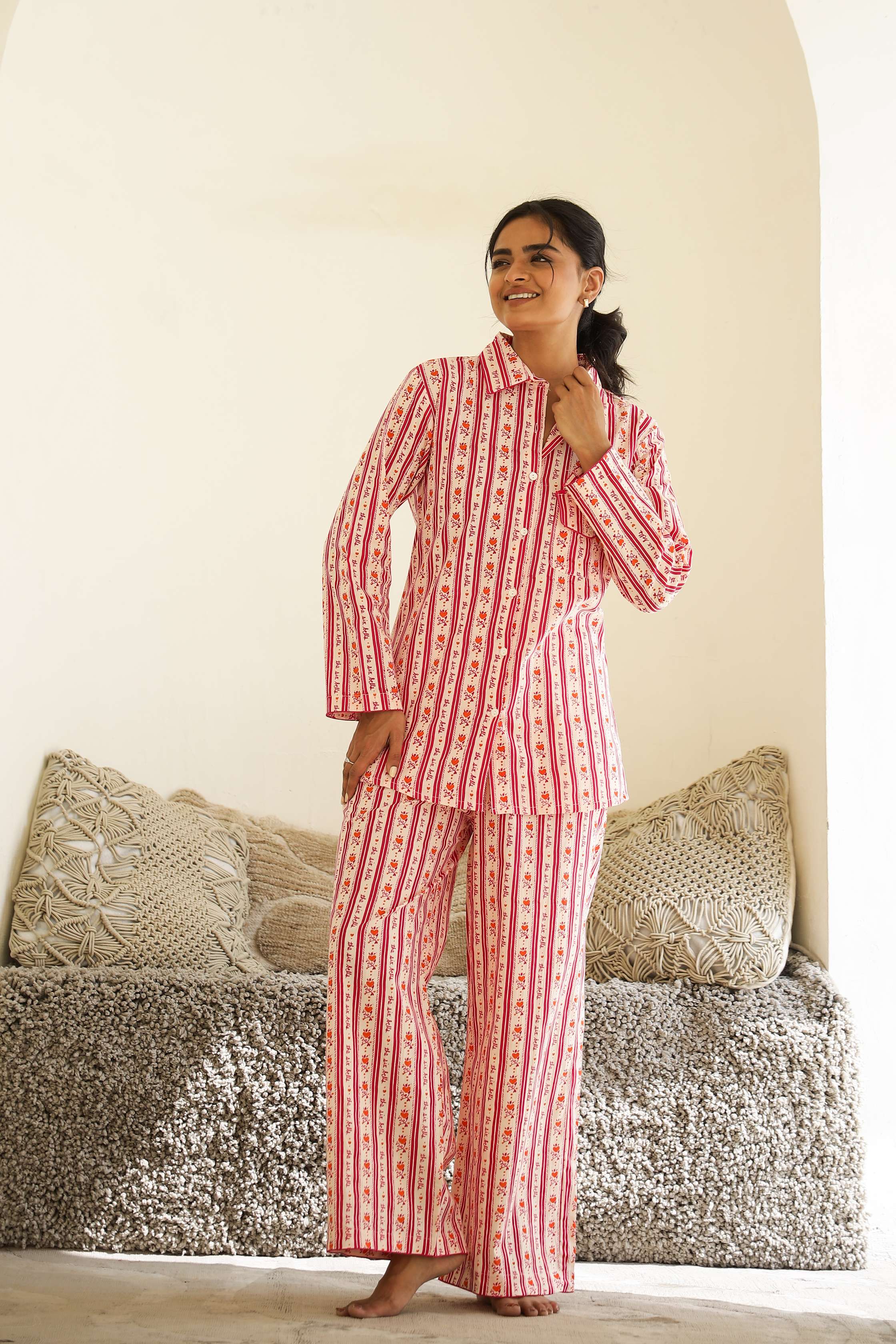 Label Flavia Elegant Striped Cotton Night Suit