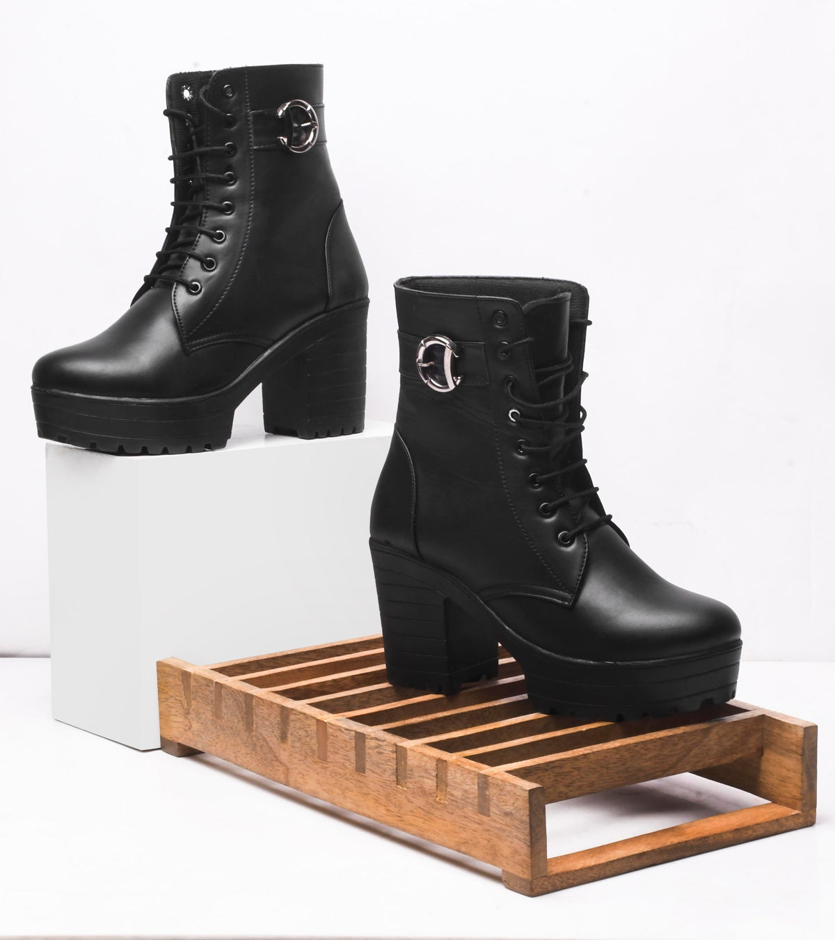 JM Looks Block Heel Platform Ankle Combat Boots for Women with Lace-Up Buckle