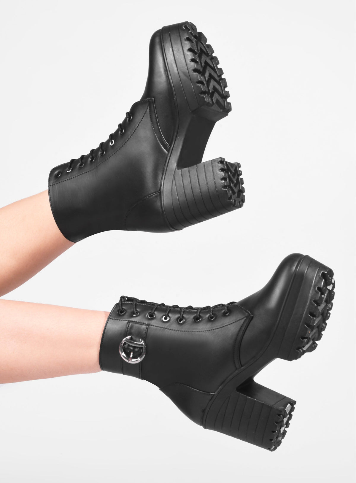 JM Looks Block Heel Platform Ankle Combat Boots for Women with Lace-Up Buckle