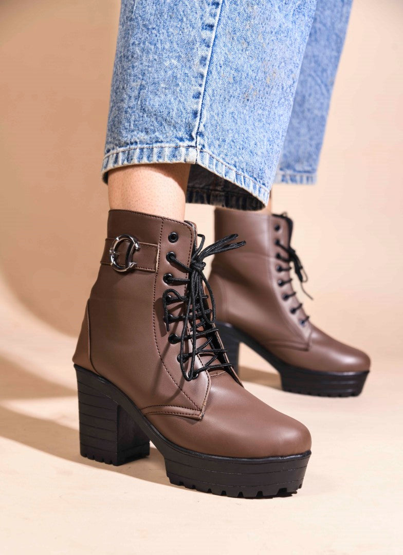 JM Looks Block Heel Platform Ankle Combat Boots for Women with Lace-Up Buckle