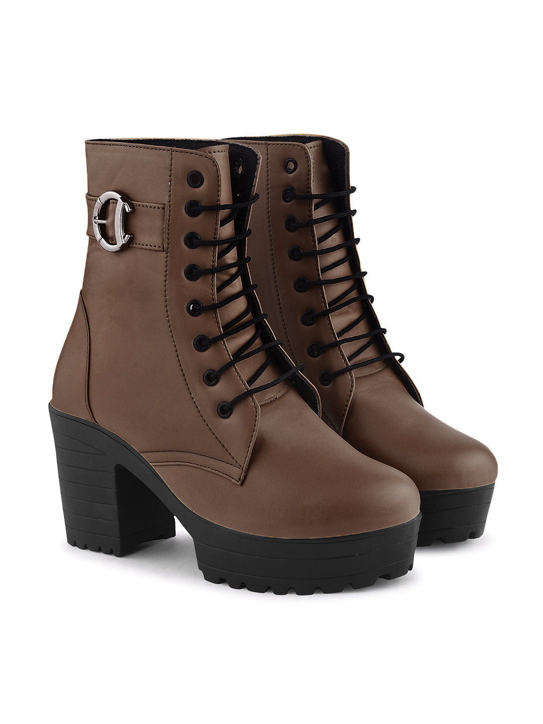 JM Looks Block Heel Platform Ankle Combat Boots for Women with Lace-Up Buckle