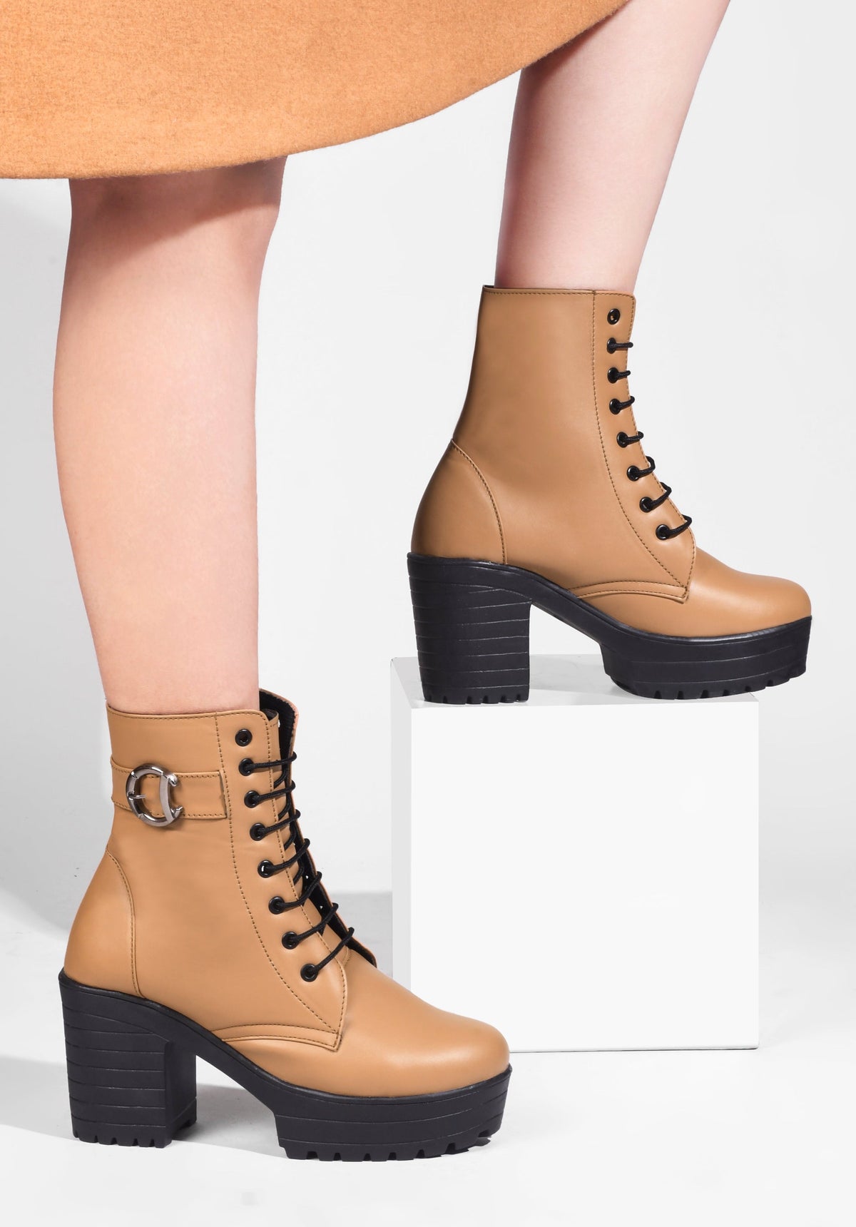 JM Looks Block Heel Platform Ankle Combat Boots for Women with Lace-Up Buckle