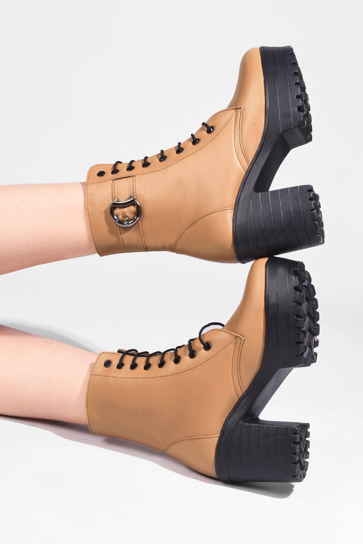 JM Looks Block Heel Platform Ankle Combat Boots for Women with Lace-Up Buckle