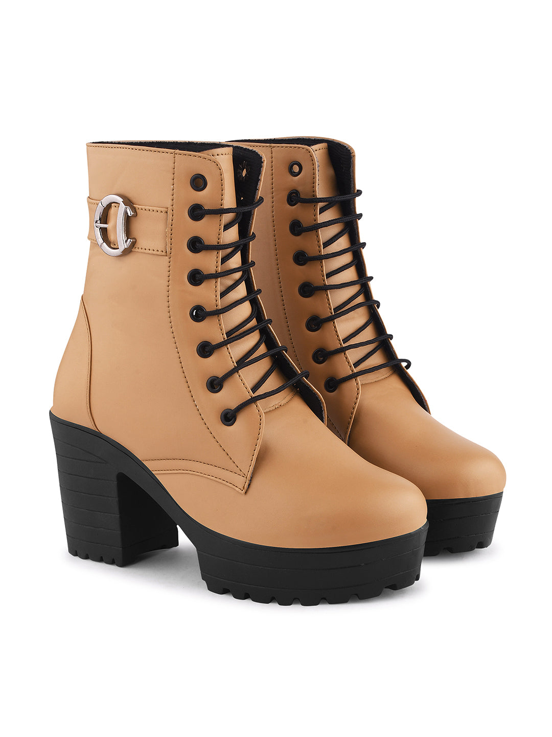 JM Looks Block Heel Platform Ankle Combat Boots for Women with Lace-Up Buckle