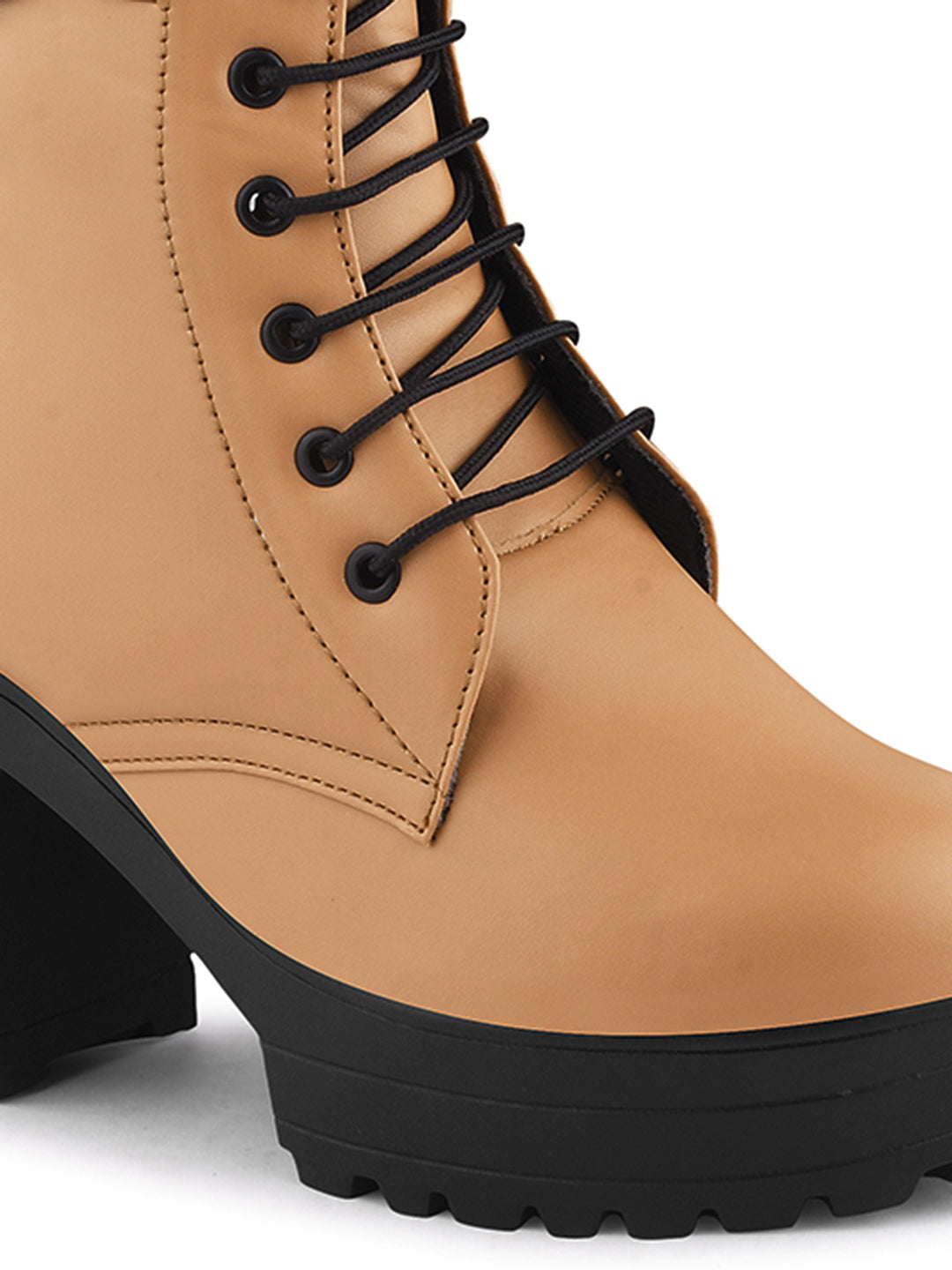 JM Looks Block Heel Platform Ankle Combat Boots for Women with Lace-Up Buckle