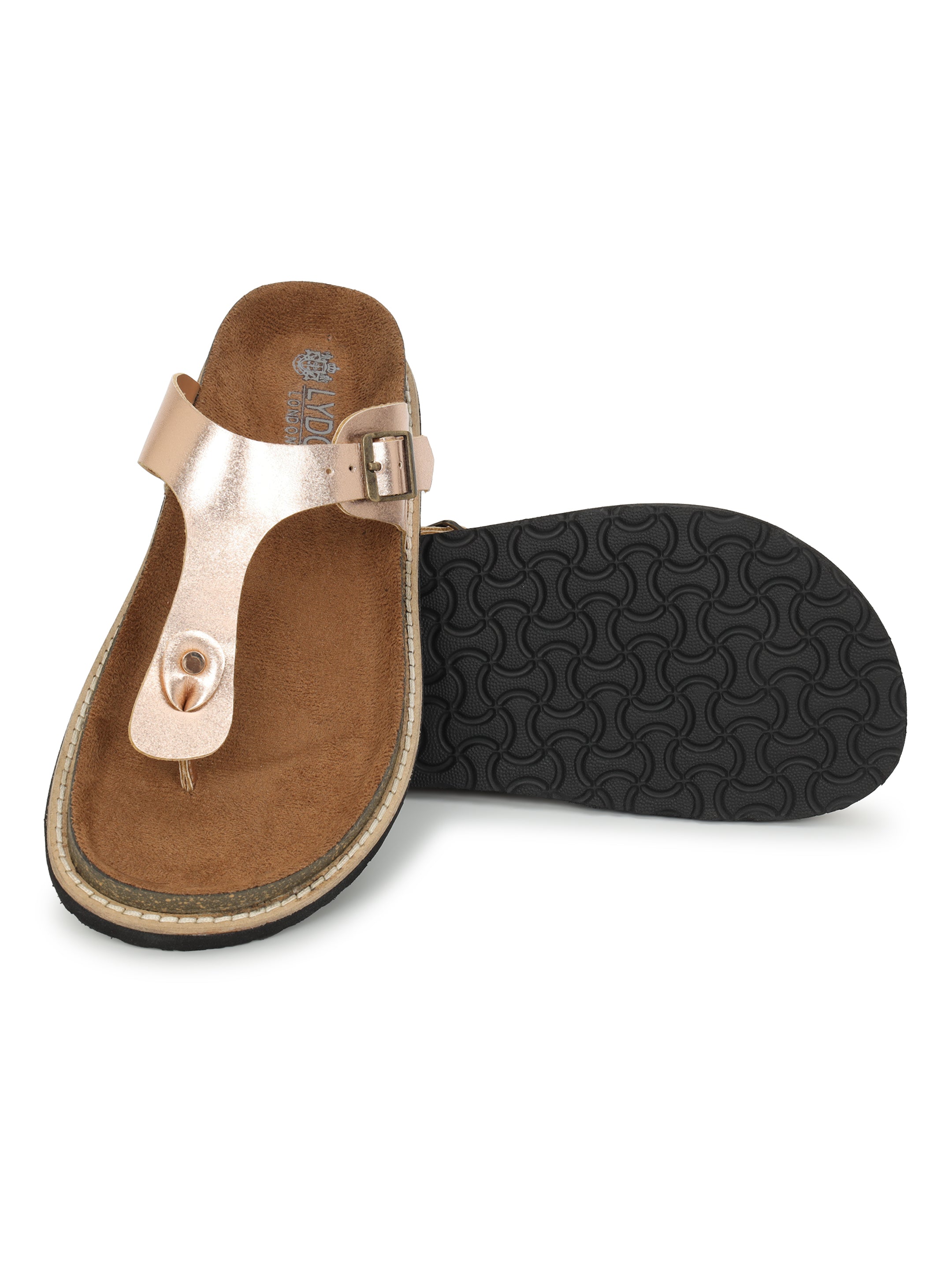 LYDC Rose Gold Sandals For Women Welt-Crafted T-Strap Sandals