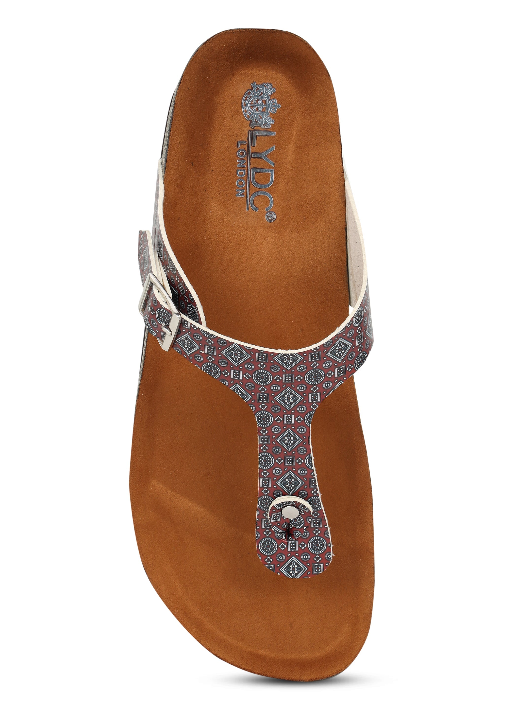 LYDC London - Women's Ajrak Print T Strap Fashion Sandals - Regent - Maroon