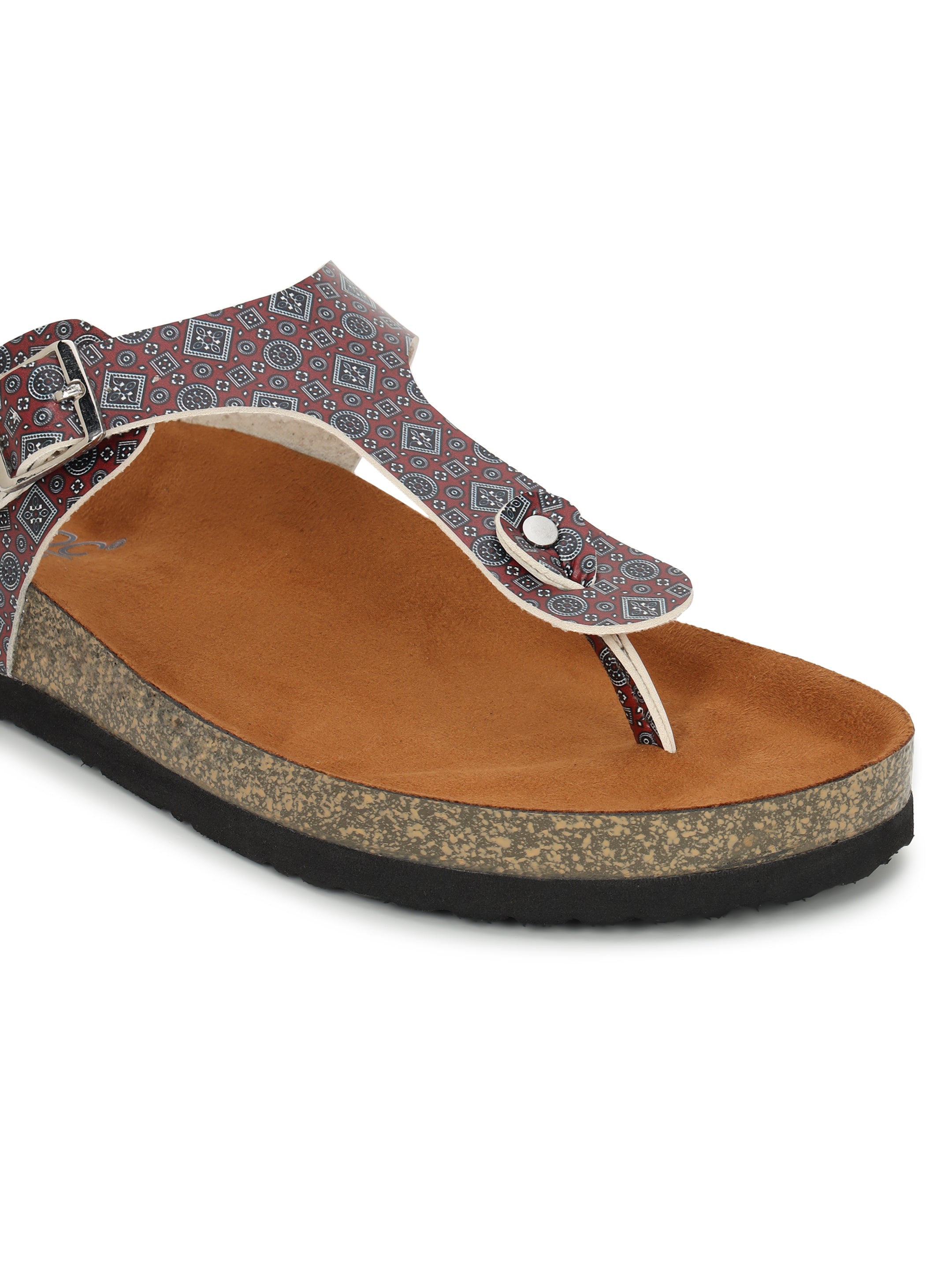 LYDC London - Women's Ajrak Print T Strap Fashion Sandals - Regent - Maroon