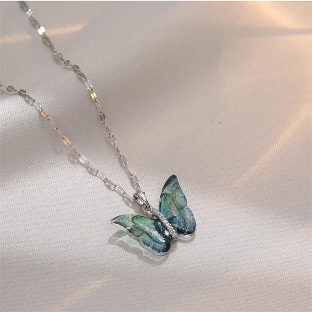 Salty Vibrant Blue Silver Winged Beauty Necklace
