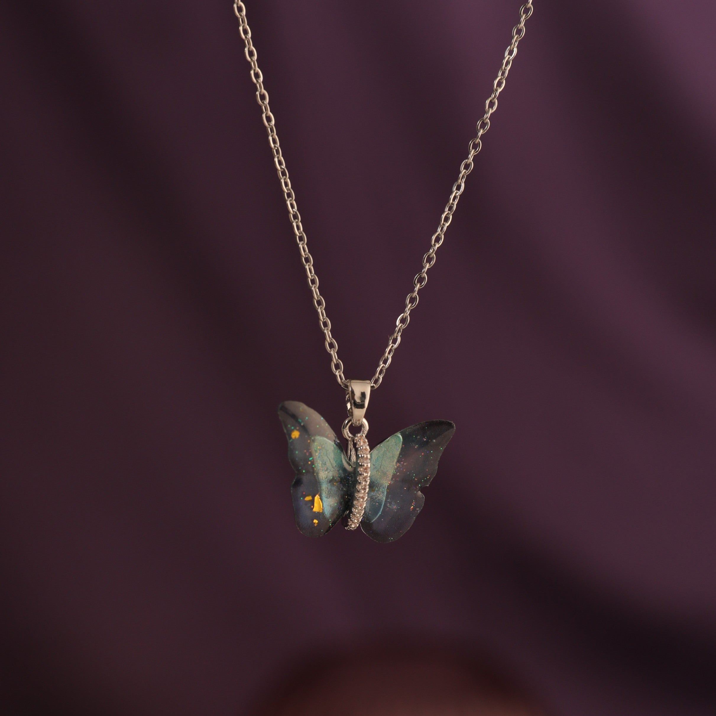 Salty Vibrant Blue Silver Winged Beauty Necklace