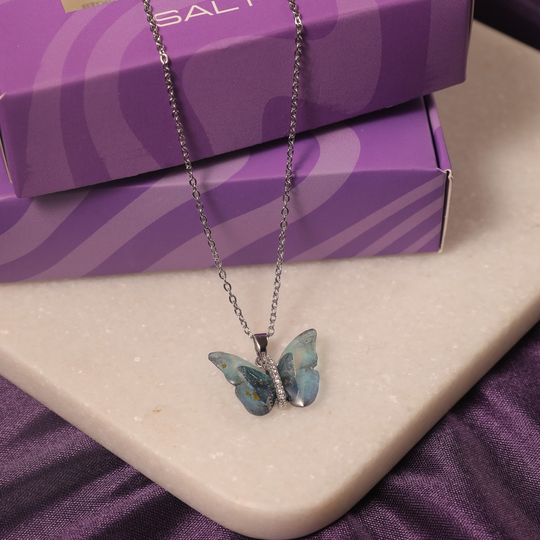 Salty Vibrant Blue Silver Winged Beauty Necklace