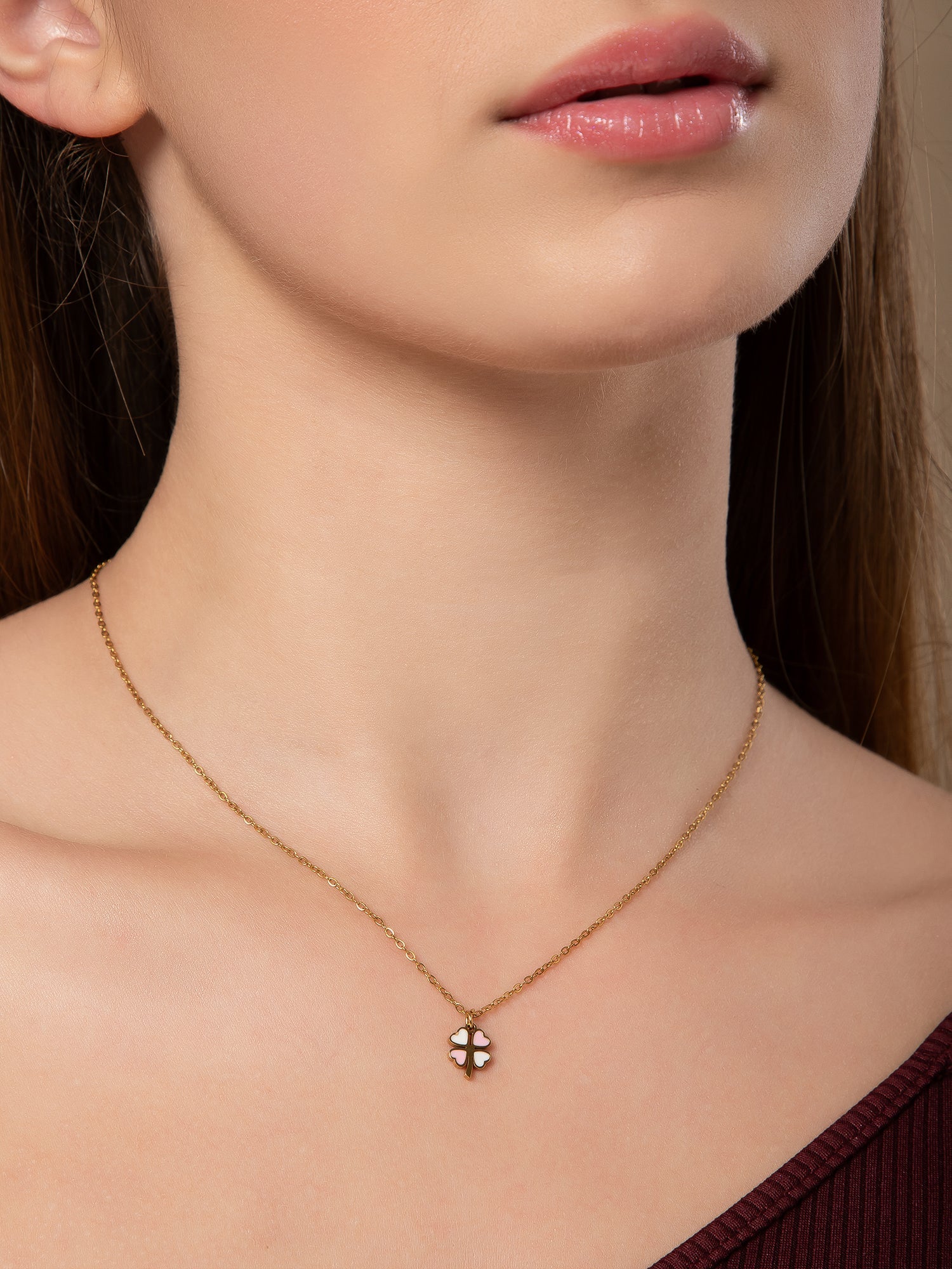 Salty Pink & White Clover Gold Necklace