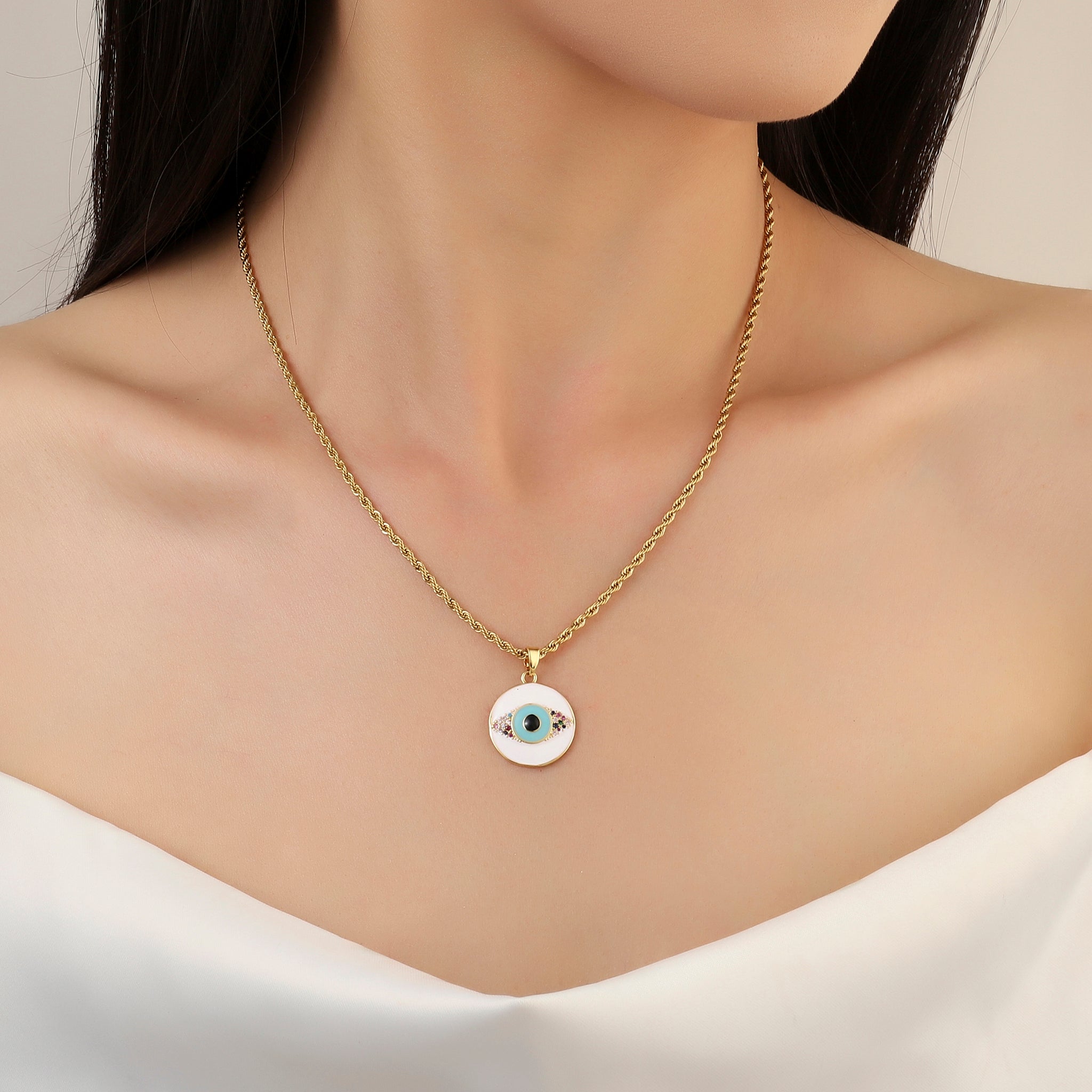 Salty White & Blue Evil Eye Gold Necklace