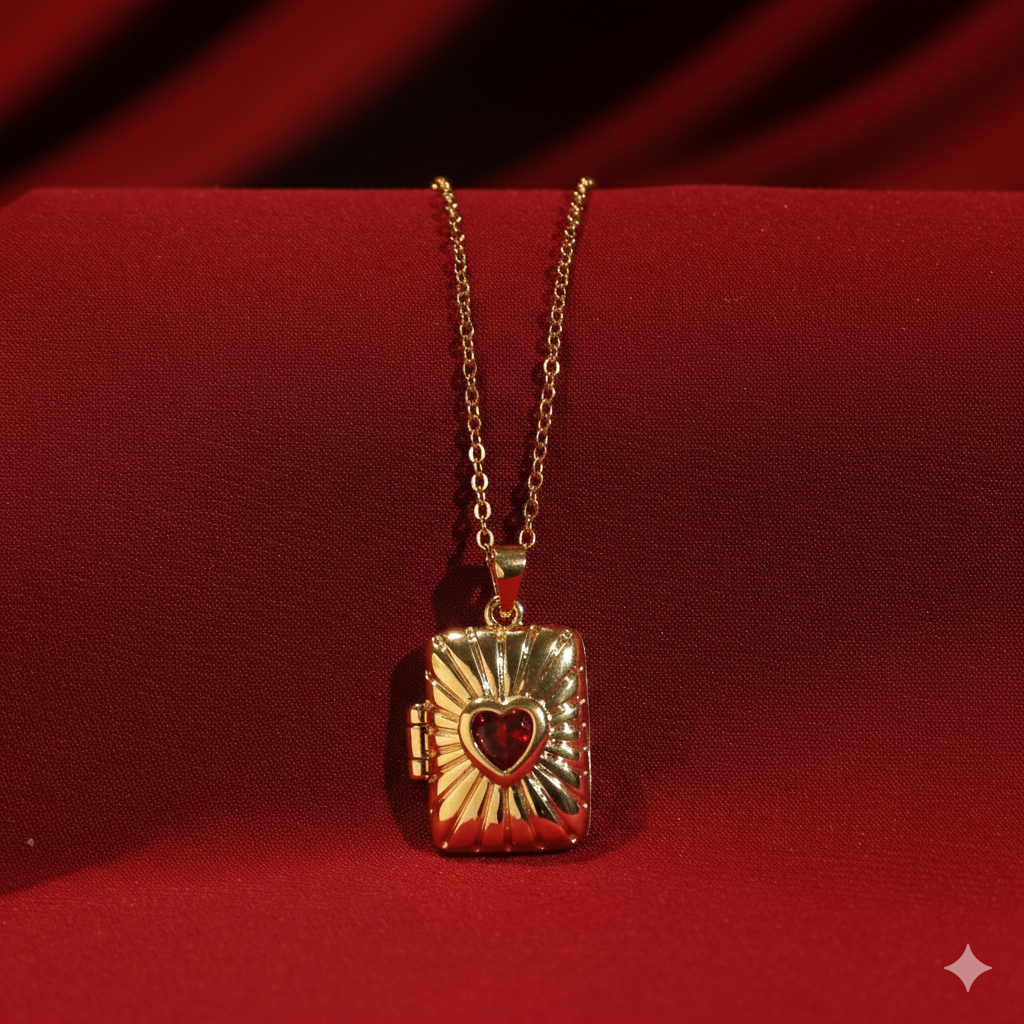 Salty Sunburst Red Heart Locket Necklace