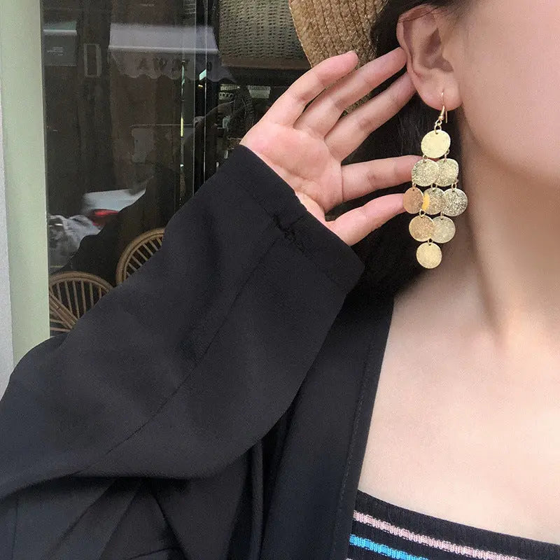 Salty Nightclub Exaggerated Tassel Frosted Disc Gold Earrings