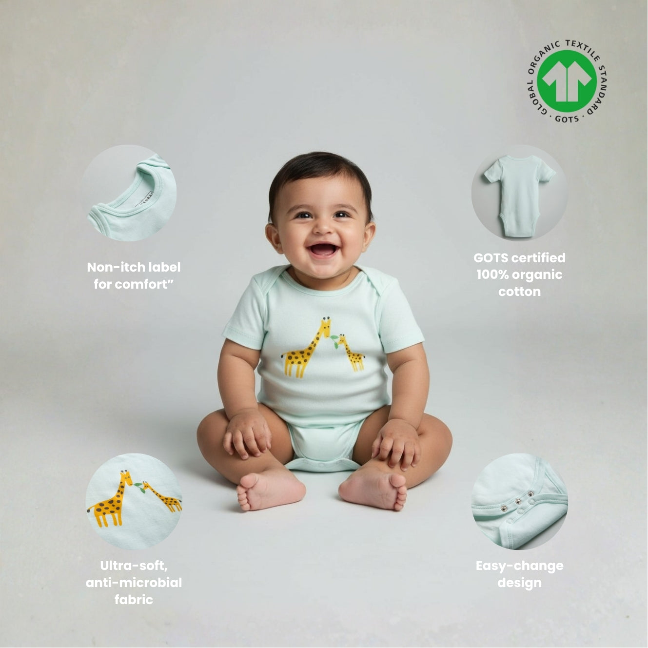 Urbanrac GOTS Certified Organic Cotton Half Sleeves Baby Onesies Giraffe Print