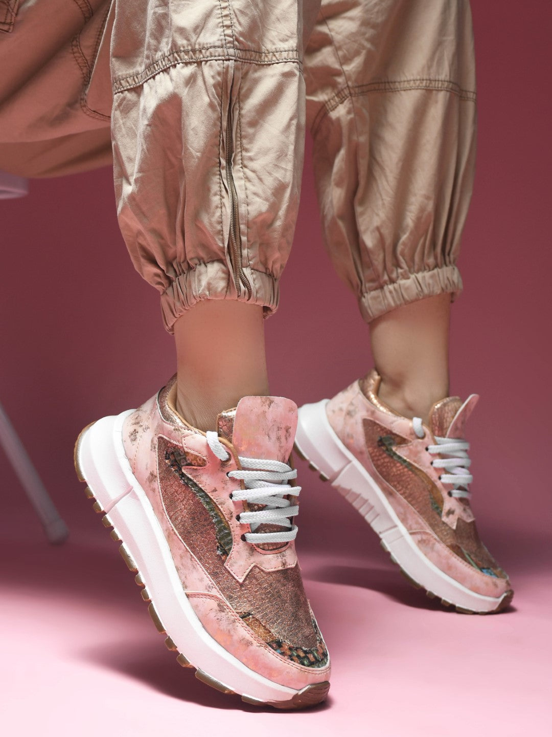JM Looks Metallic Mesh Chunky Sneakers For Women