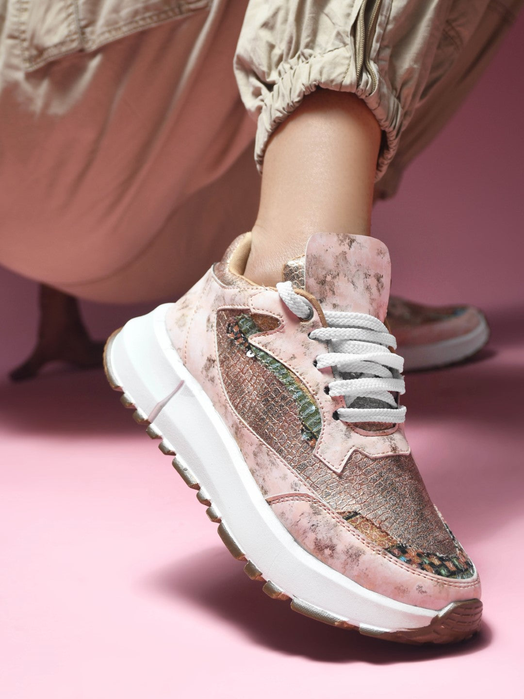 JM Looks Metallic Mesh Chunky Sneakers For Women