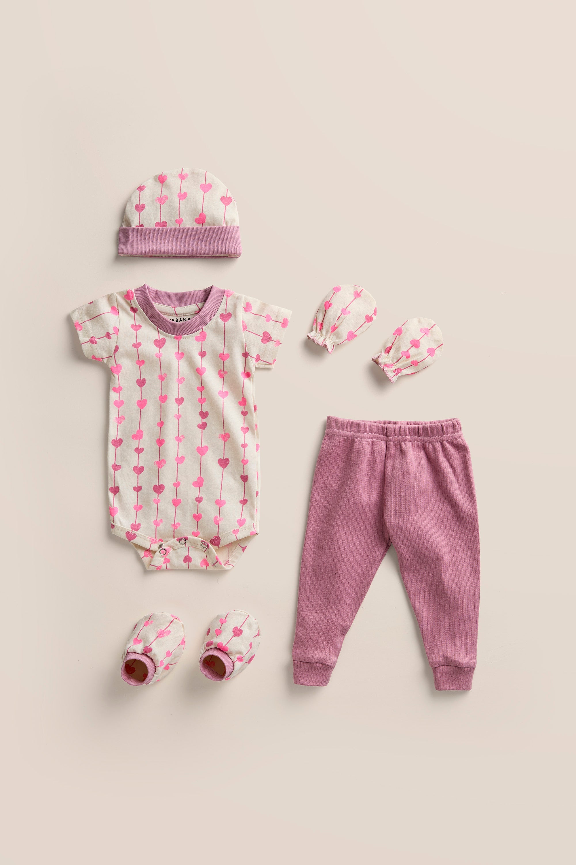 Urbanrac 100% Cotton Onesies and Pant Set - 6-Piece Newborn Essentials Set - Pink Heartstrings