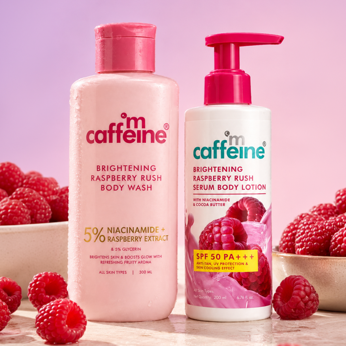 mCaffeine Brightening Raspberry SPF 50 PA+++ Body Sunscreen Lotion + Brightening Raspberry Body Wash (combo)