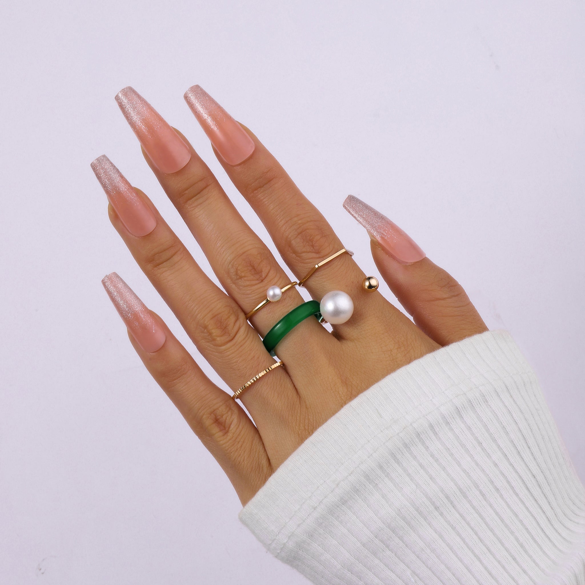 Salty Set Of 5 Emerald Pearl Rings
