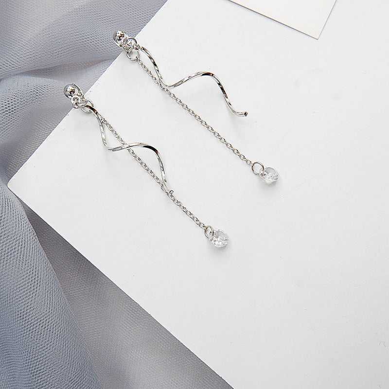 Salty Silver Simple Wave Tassel Zircon Line Threader Earrings