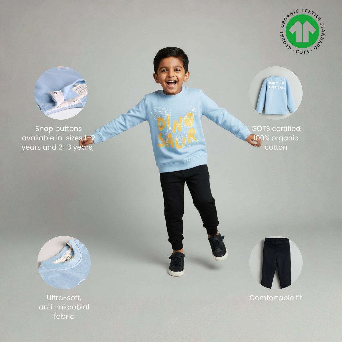 Urbanrac GOTS Certified Organic Cotton Sweatshirt Pant Set - Dino - Kids