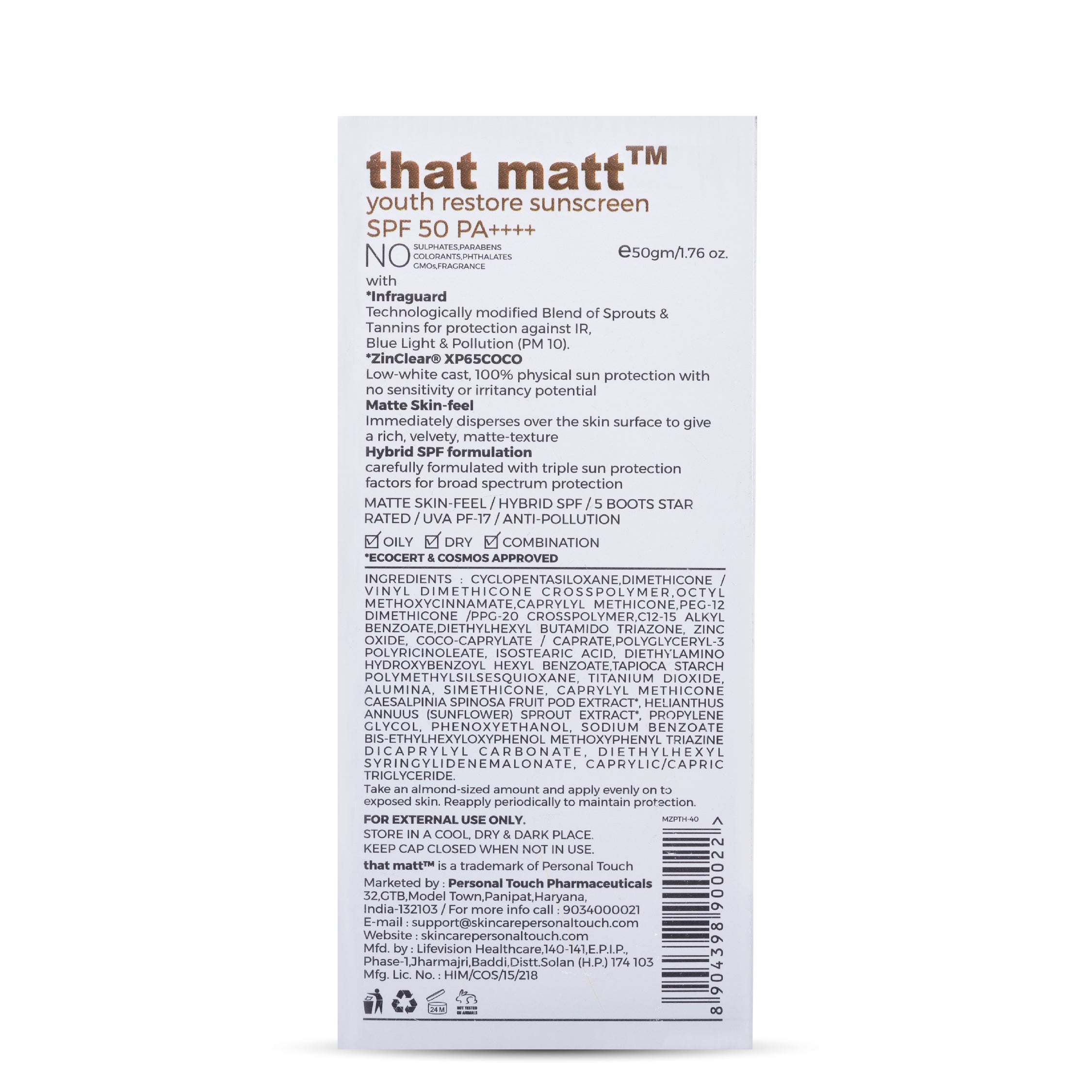 Personal Touch Thatmatt Hybrid Sunscreen SPF 50++++ 50g
