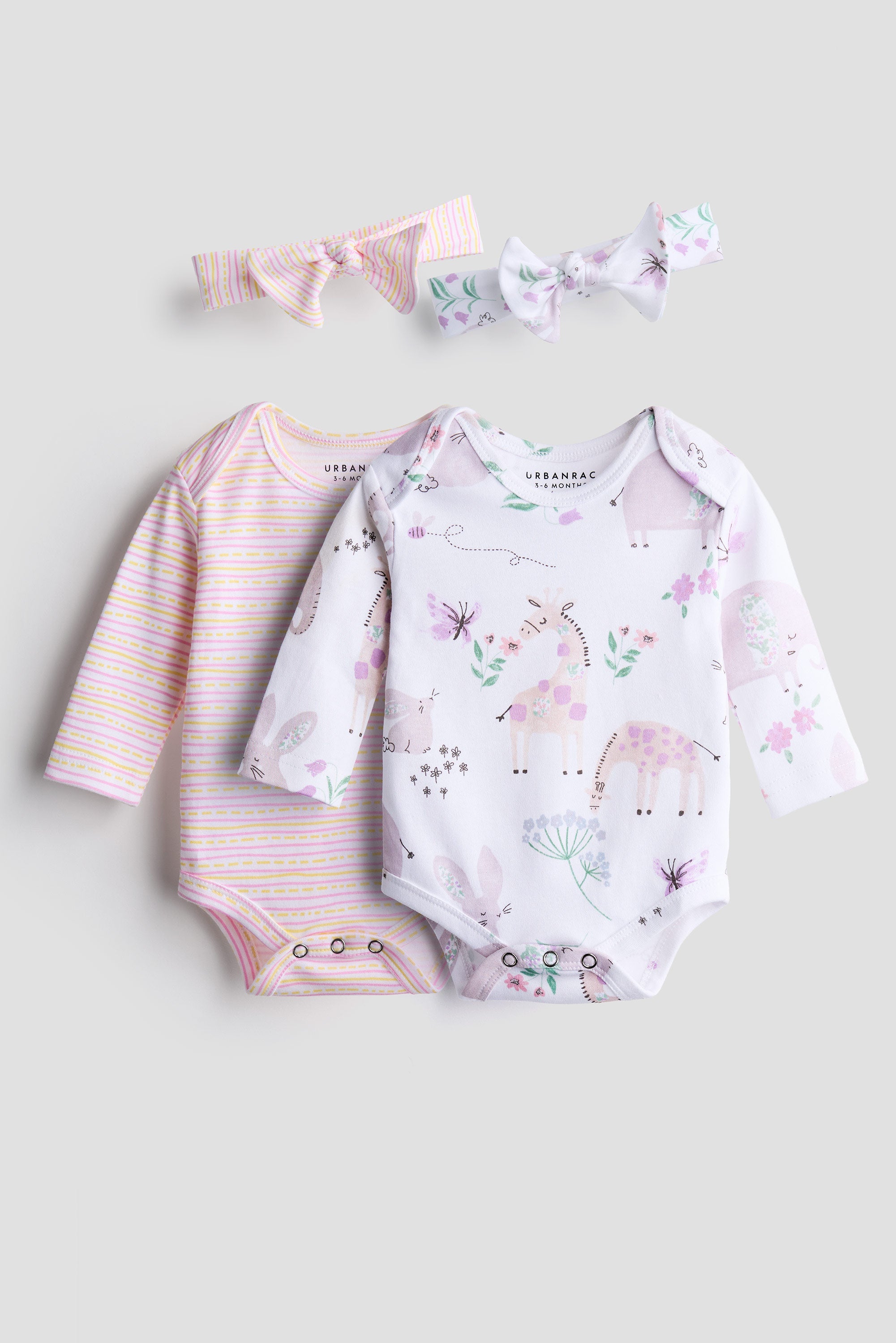 Urbanrac Whimsical Safari and Strip 2-Pack Onesie With Matching Bows