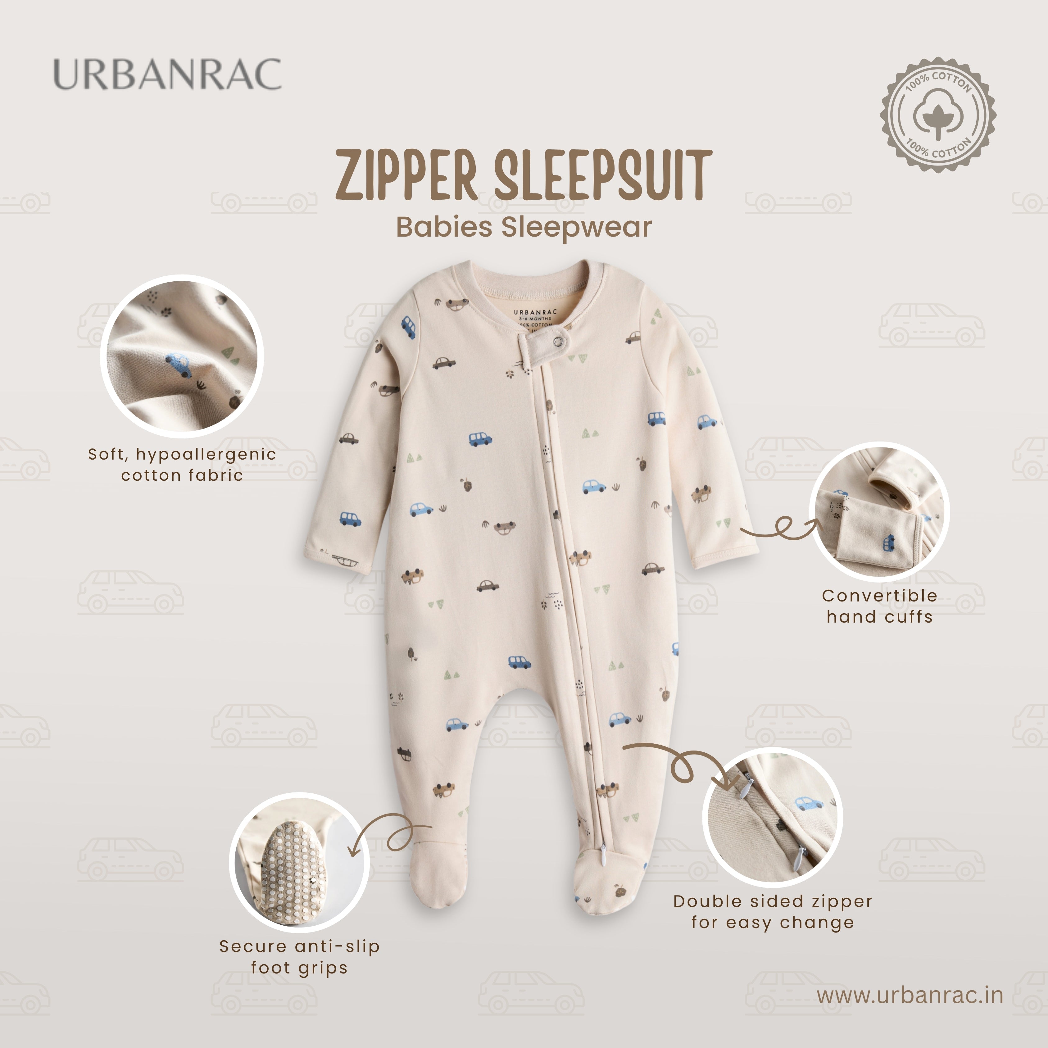 Urbanrac 2 Way Double Zipper Sleepsuit with Feet For Babies - Car Print