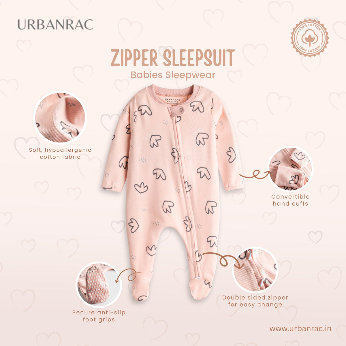 Urbanrac 2 Way Double Zipper Sleepsuit with Feet For Babies - Unisex - Peachy