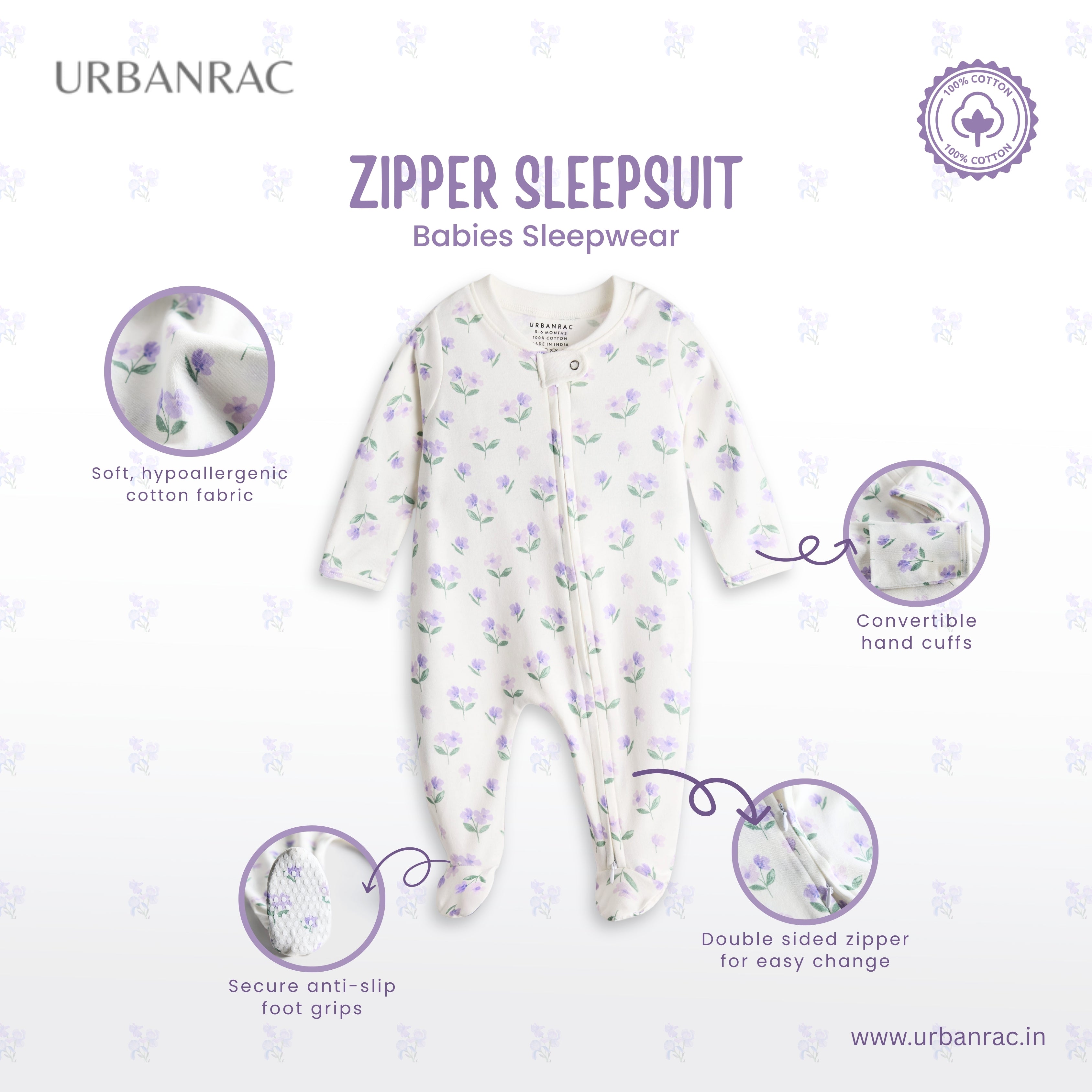 Urbanrac 2 Way Double Zipper Sleepsuit with Feet For Babies - Floral
