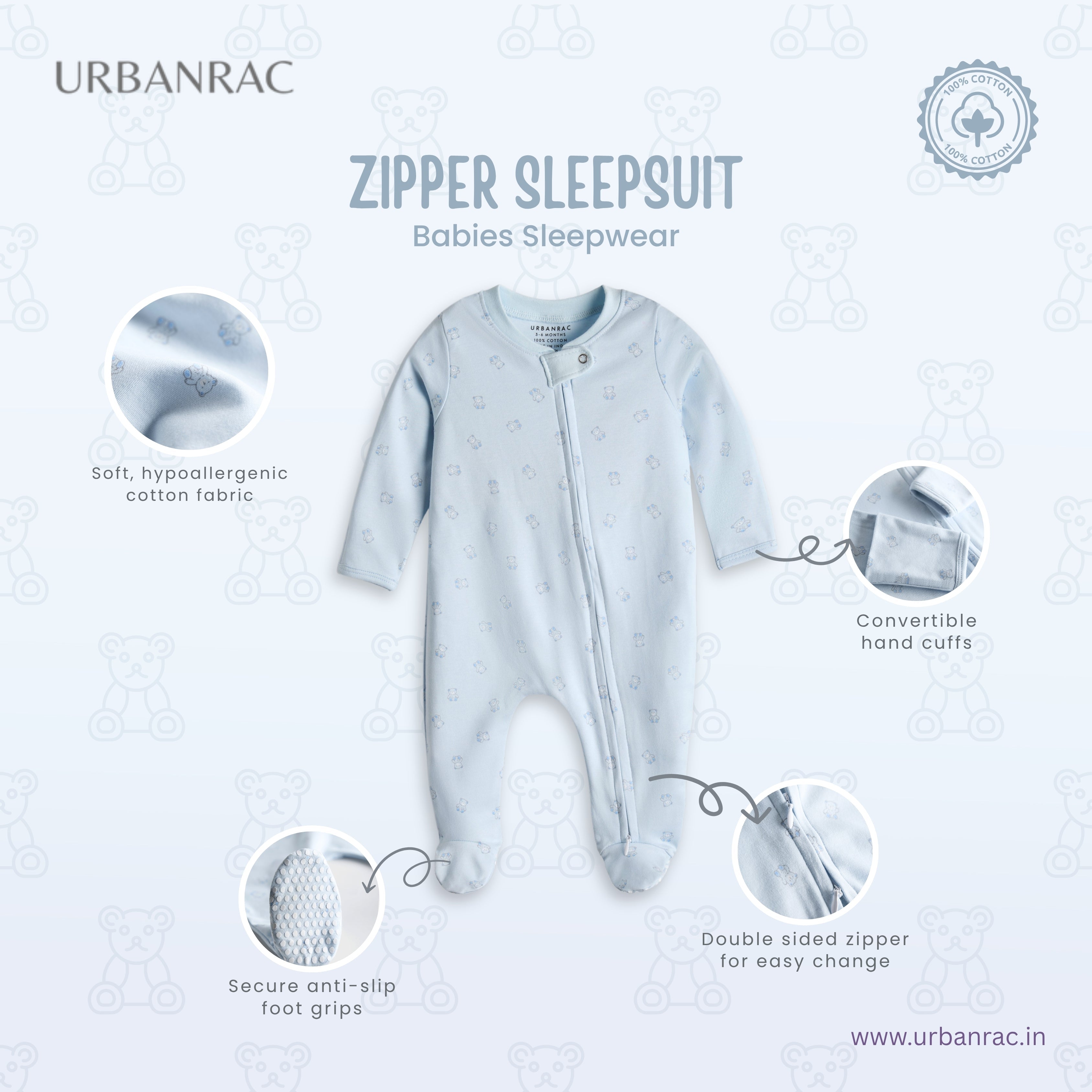 Urbanrac 2 Way Double Zipper Sleepsuit with Feet For Babies - Bear Print
