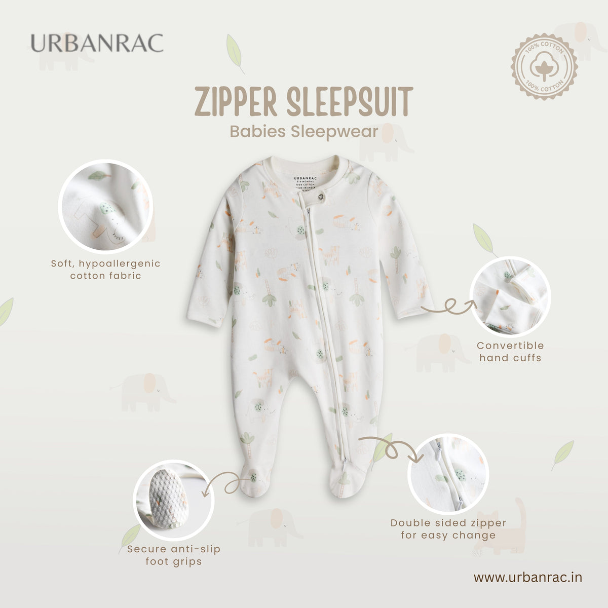 Urbanrac 2 Way Double Zipper Sleepsuit with Feet For Babies - Unisex