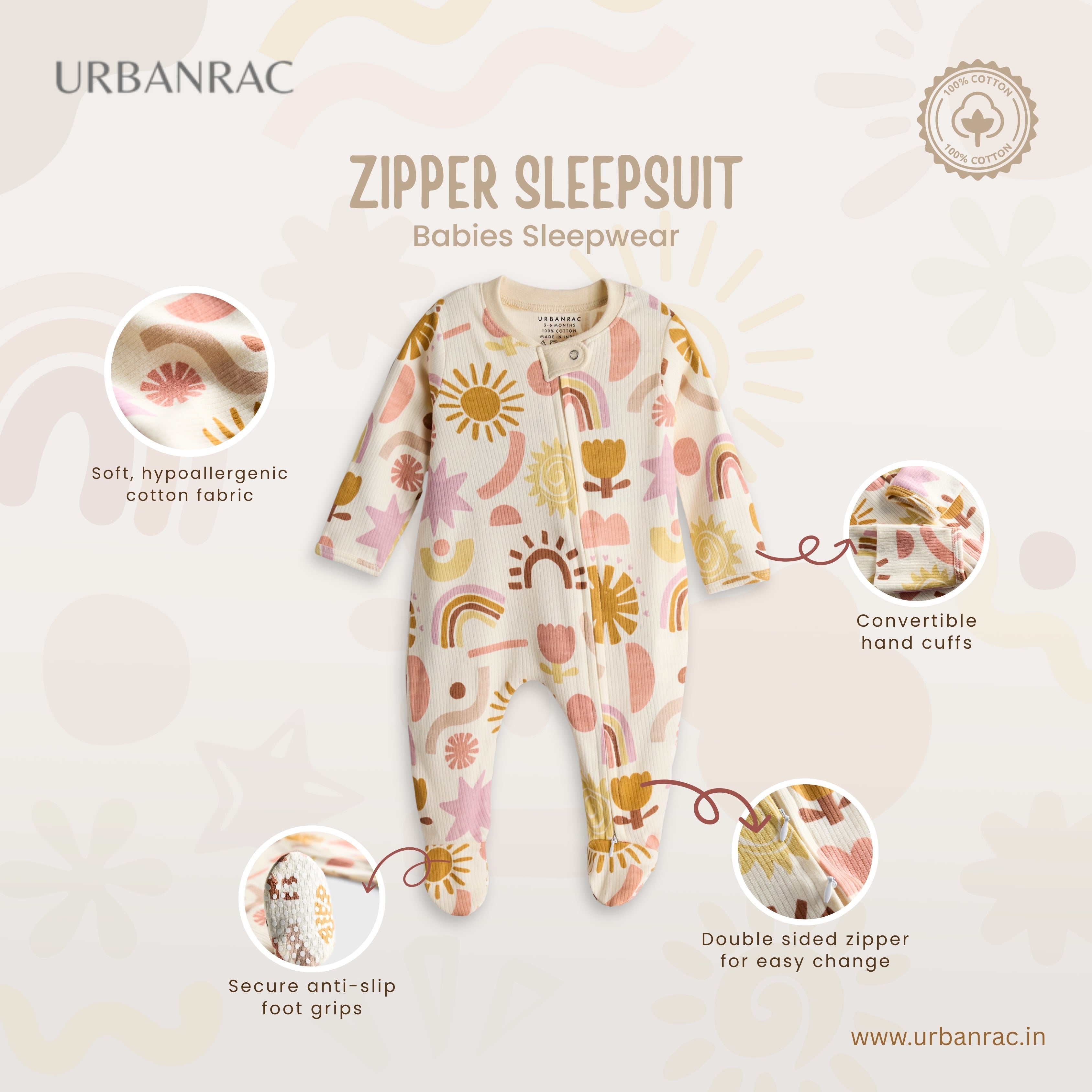 Urbanrac 2 Way Double Zipper Sleepsuit with Feet For Babies - Just Fun