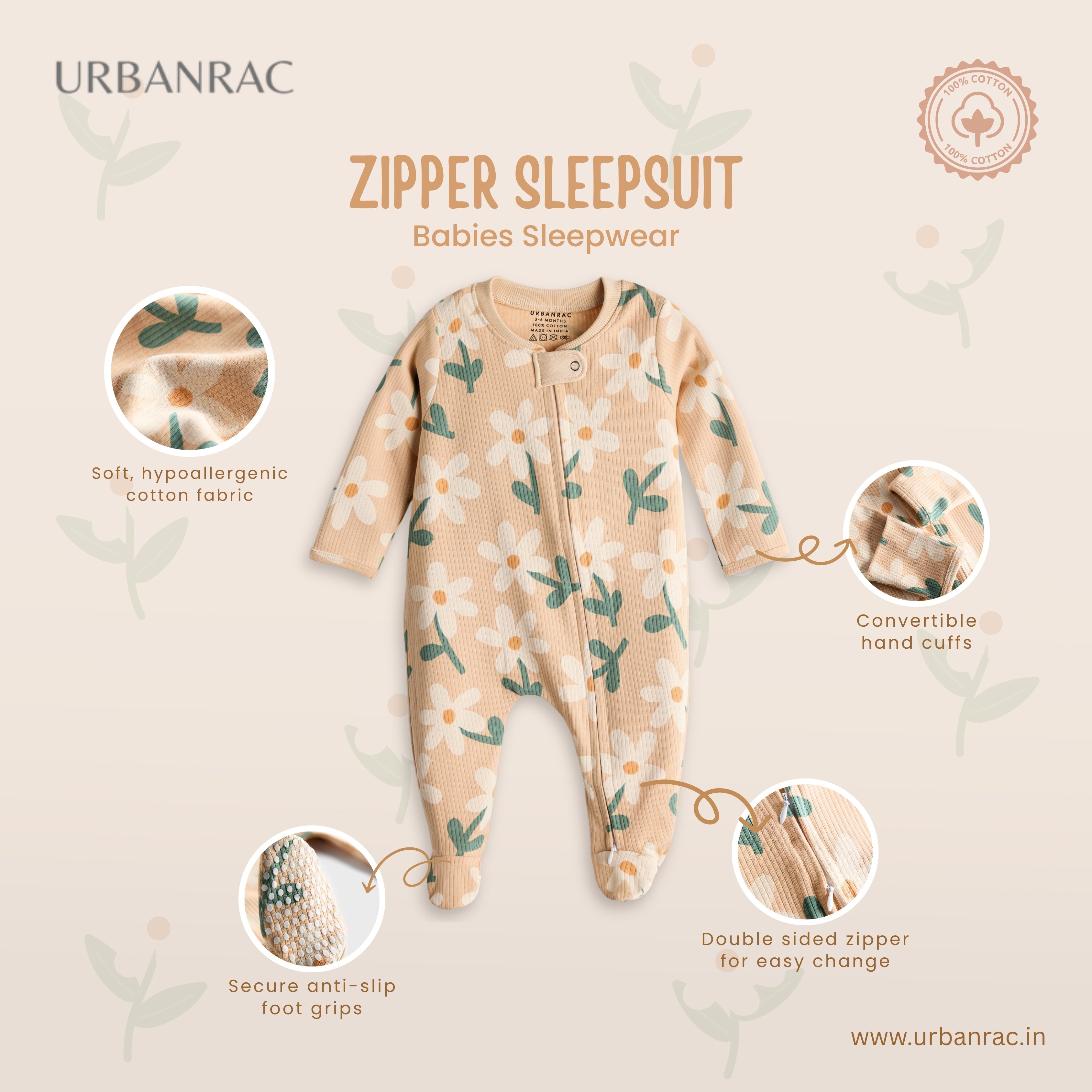 Urbanrac 2 Way Double Zipper Sleepsuit with Feet For Babies - Bright Floral