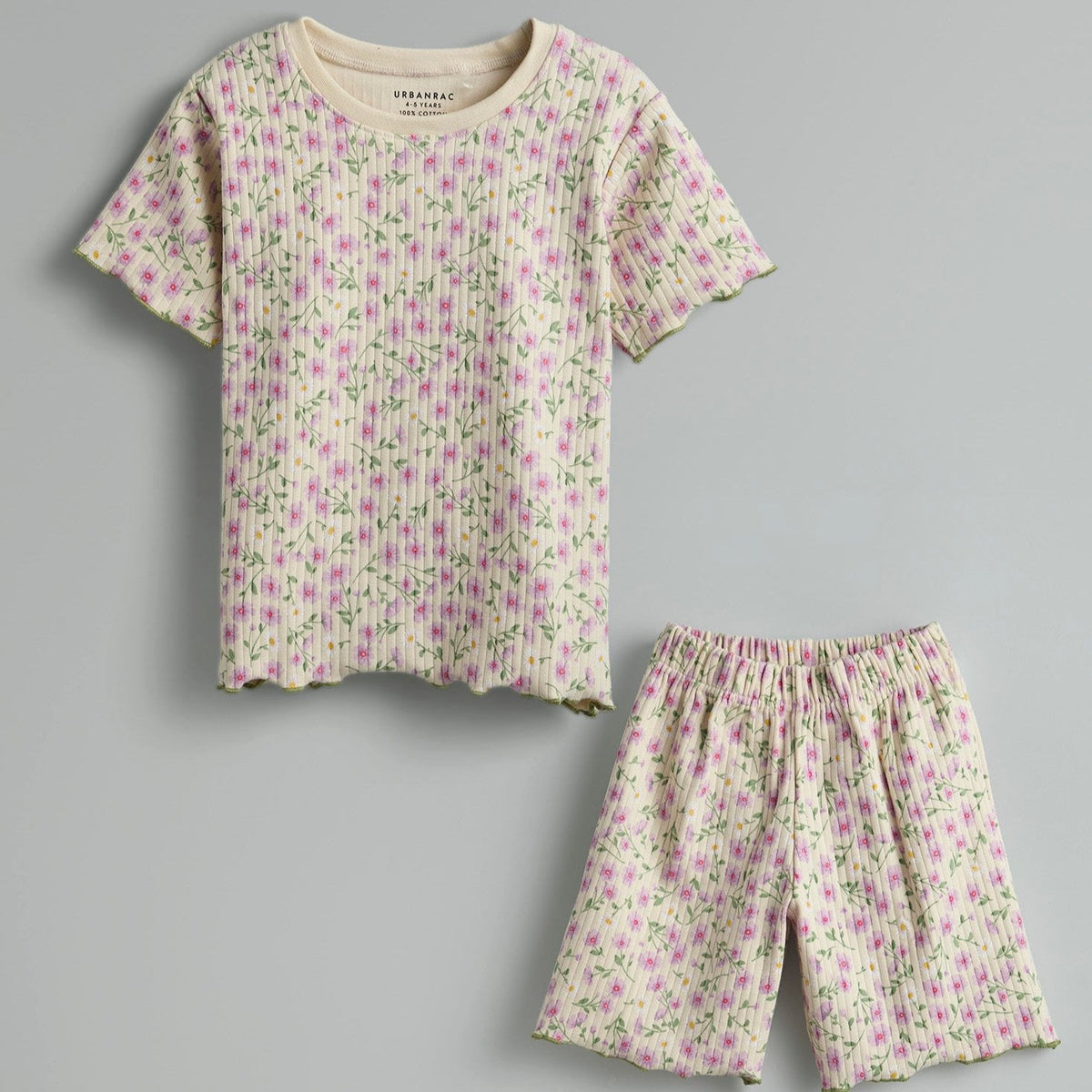 Urbanrac 100% Cotton Co-Ord Set for Toddlers - Floral Off-White - Beige