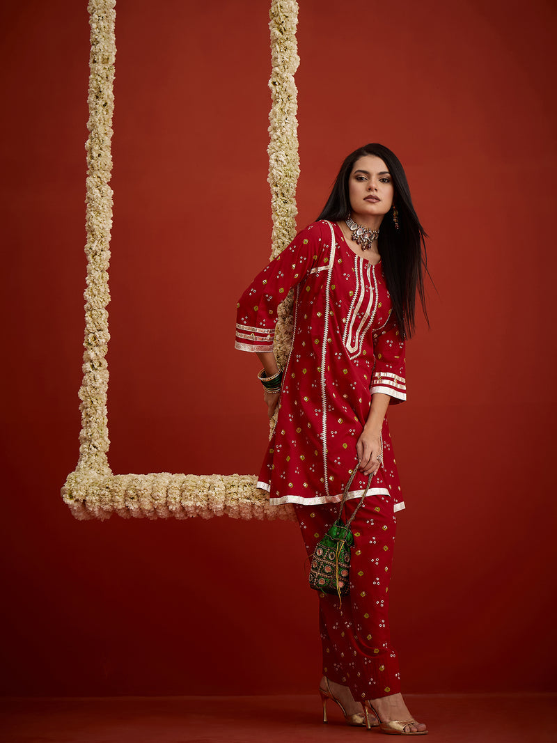 Stylum Women's Red Bandhej Printed Rayon A-Line Kurti With Farshi Salwar