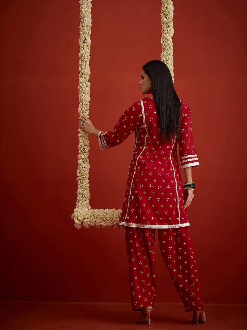 Stylum Women's Red Bandhej Printed Rayon A-Line Kurti With Farshi Salwar