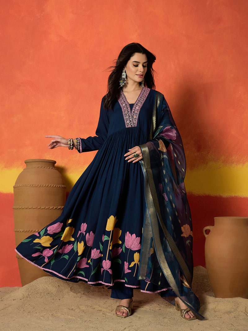 Stylum Women's Floral Printed & Embroidered Rayon Anarkali Kurta Pant Dupatta Set