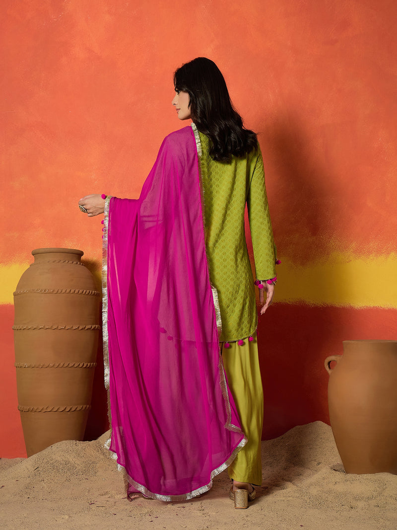 Stylum Women's Chikankari Rayon A-Line Kurti Farshi Salwar With Dupatta Set