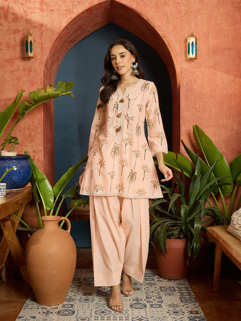 Stylum Women's Palm Tree Printed Pure Cotton A-Line Short Kurti With Farshi Salwar Set