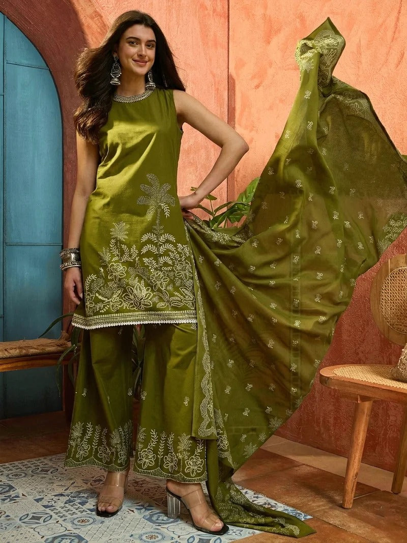 Stylum Women's Green Solid & Embroidered Cotton Straight Kurta Palazzo Dupatta Set