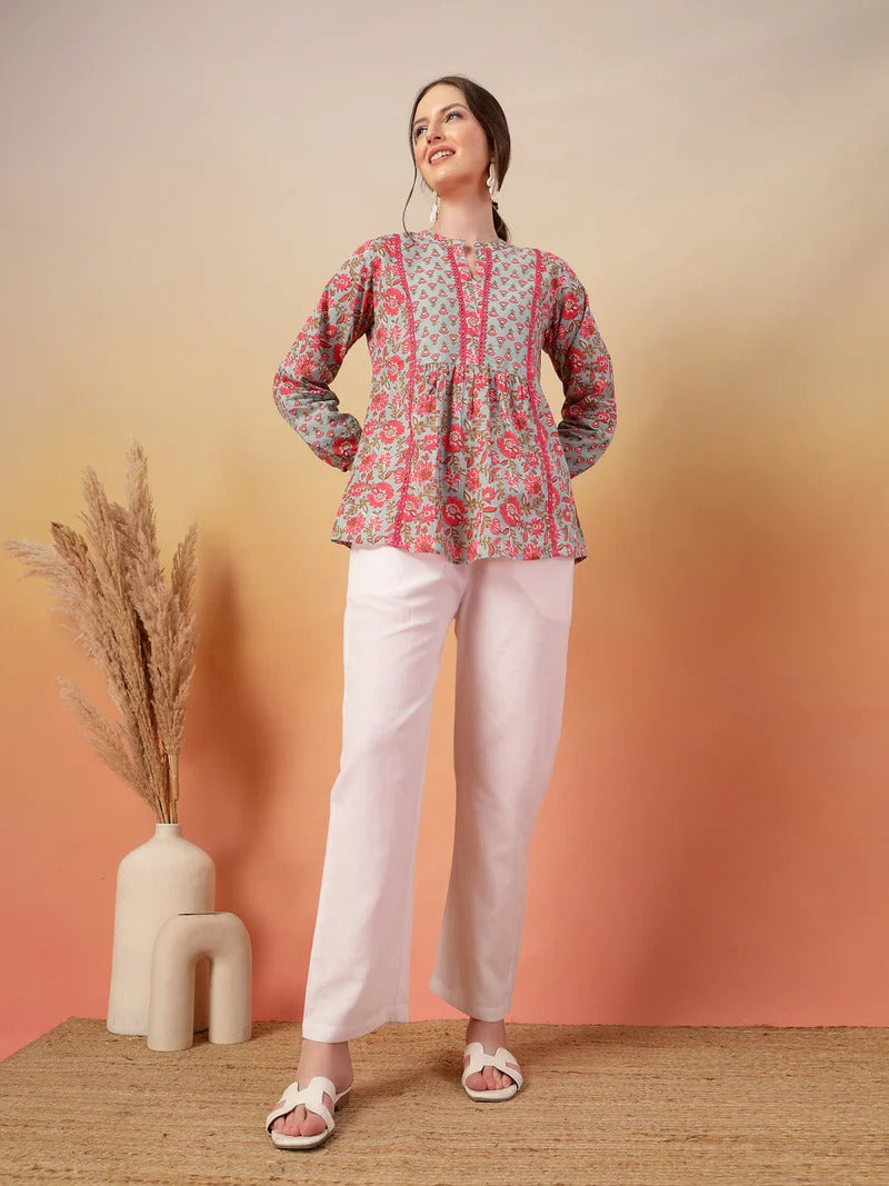 Stylum Floral Print Mandarin Collar Puff Sleeves Cotton Empire Top