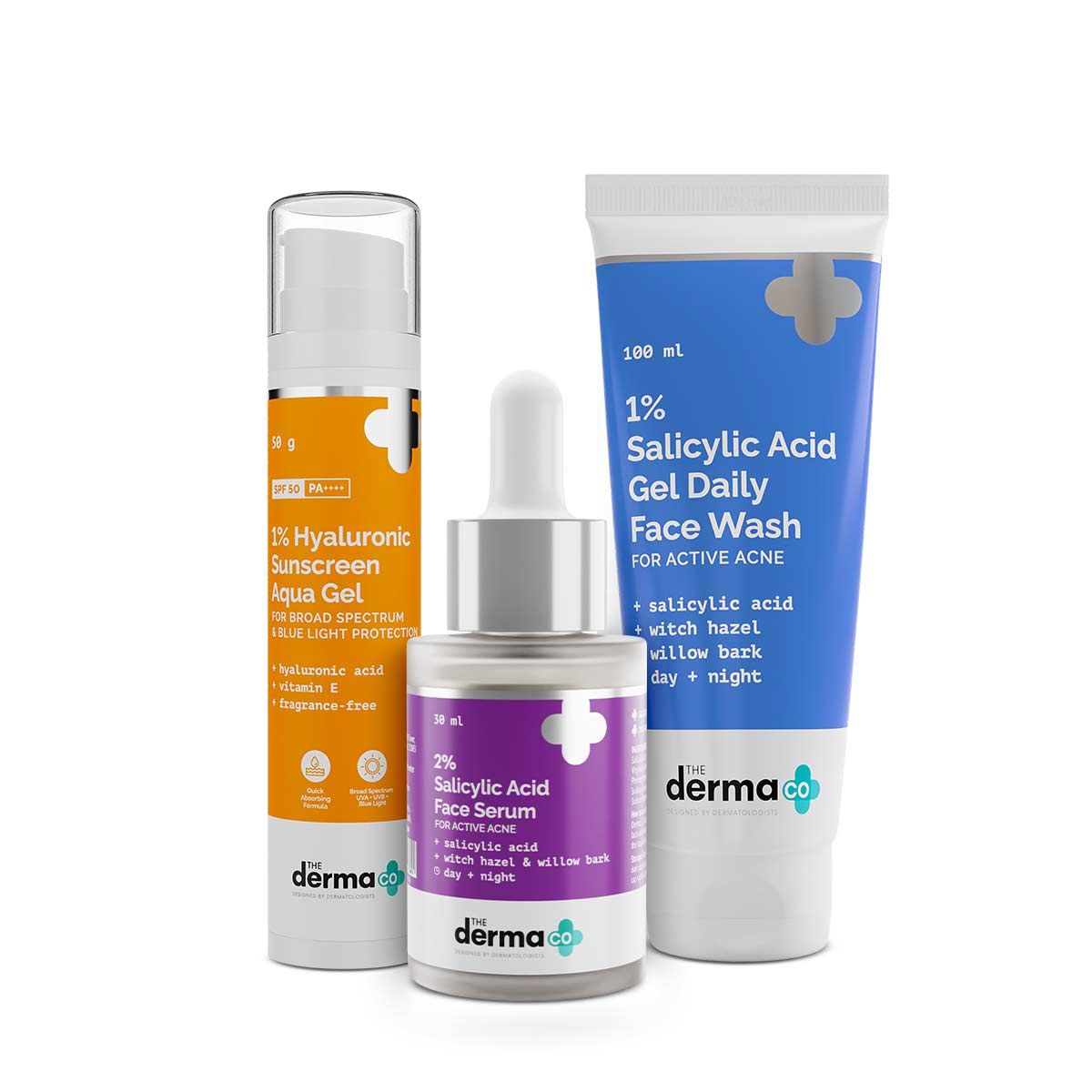 Derma Co Anti Acne Kit (1% Salicylic Acid Gel Face Wash + 2% Salicylic Acid Serum + 1% Hyaluronic Sunscreen Aqua Gel)